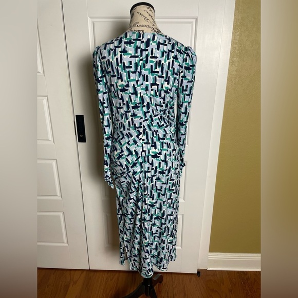 Eliza J NWT Abstract Print Long Sleeve Ruched Sheath Midi Dress Blue Teal Gray - Picture 4 of 8